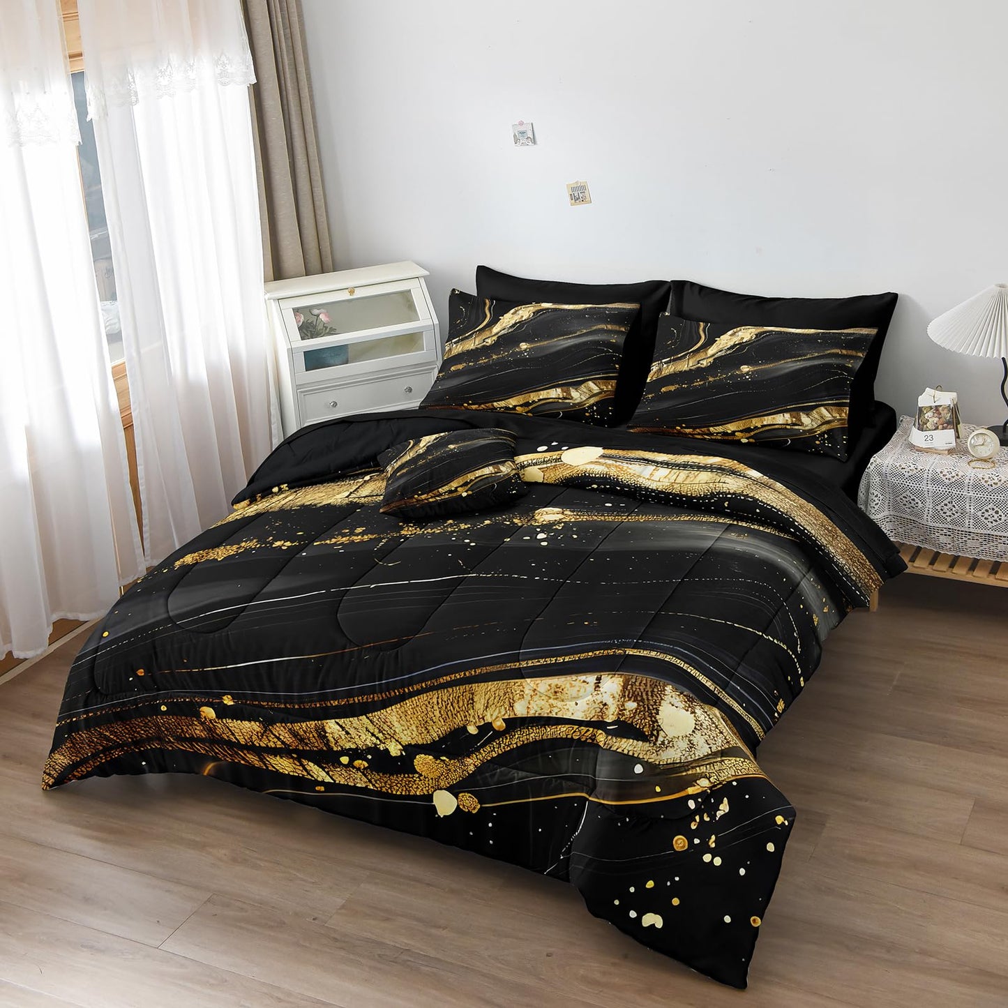 MOVE OVER 8 Pieces Black Gold Marble Bed in a Bag King Size Abstract Marble Textured Comforter Set with 1 Comforter 4 Pillowcases 1 Flat Sheet 1 Fitted Sheet 1 Cushion Cover