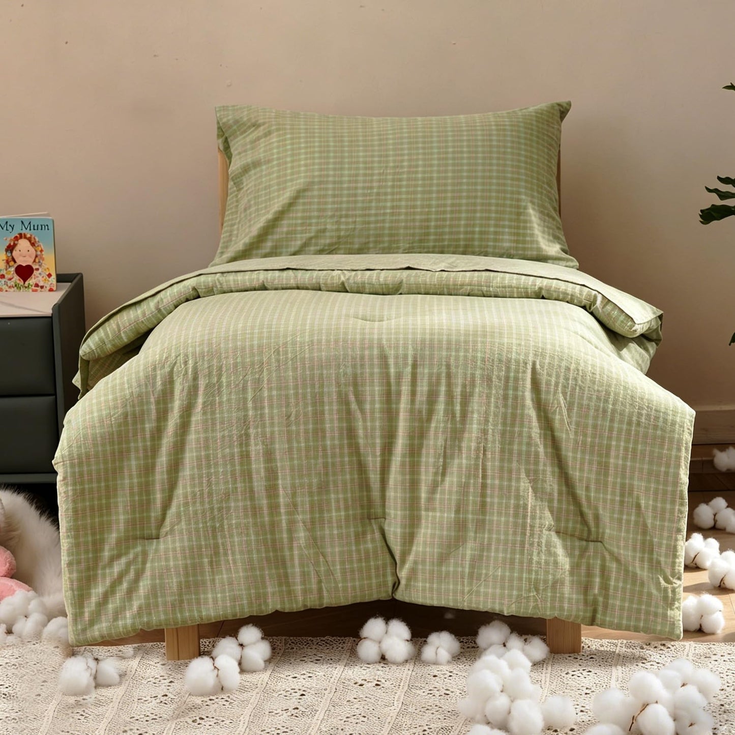 KAREVER Cotton Toddler Bedding Set Light Green Checkered 4 Pieces Grid Crib Bed Set Kids Washed Cotton Pliad Comforter Set