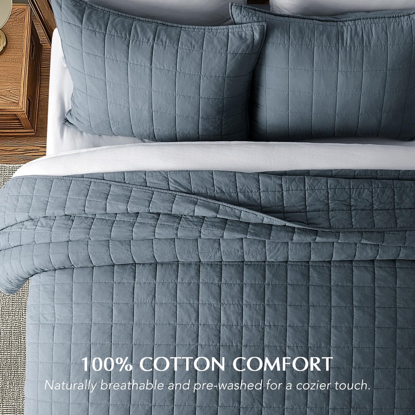 EVERGRACEHOME 100% Cotton Box Stitch Quilt Bedding Set Queen Size 3 Pieces, Garment-Washed Lightweight Soft Cozy Coverlet, Quilted Bedspread Sets with 2 Shams for All Season, Midnight Blue