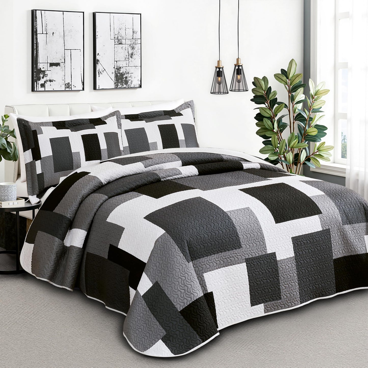 Tyrot 3 Piece Black Grey Quilt Set Full/Queen Size Black White Geometric Reversible Bedding Set Microfiber Lightweight Bedspread Coverlet with 2 Shams Modern Bed Covers for All Season, 90''x96''