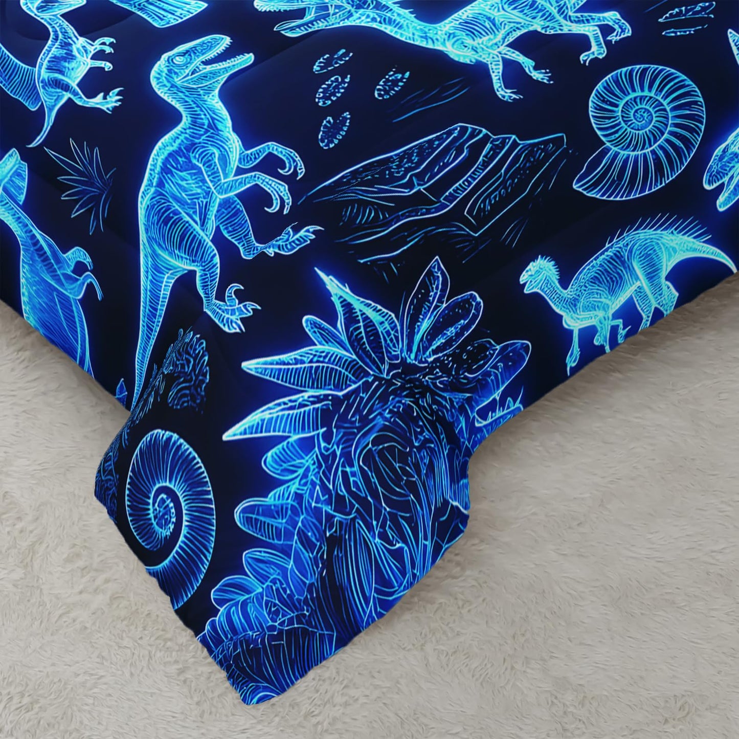 AILONEN Neon Blue Dinosaur Queen Comforter Set, 3D Holographic Skeleton Microfiber Quilt, All Season Fossil Adventure Bedding for Guestroom Home Styling, 1Quilt+2Pillowcases