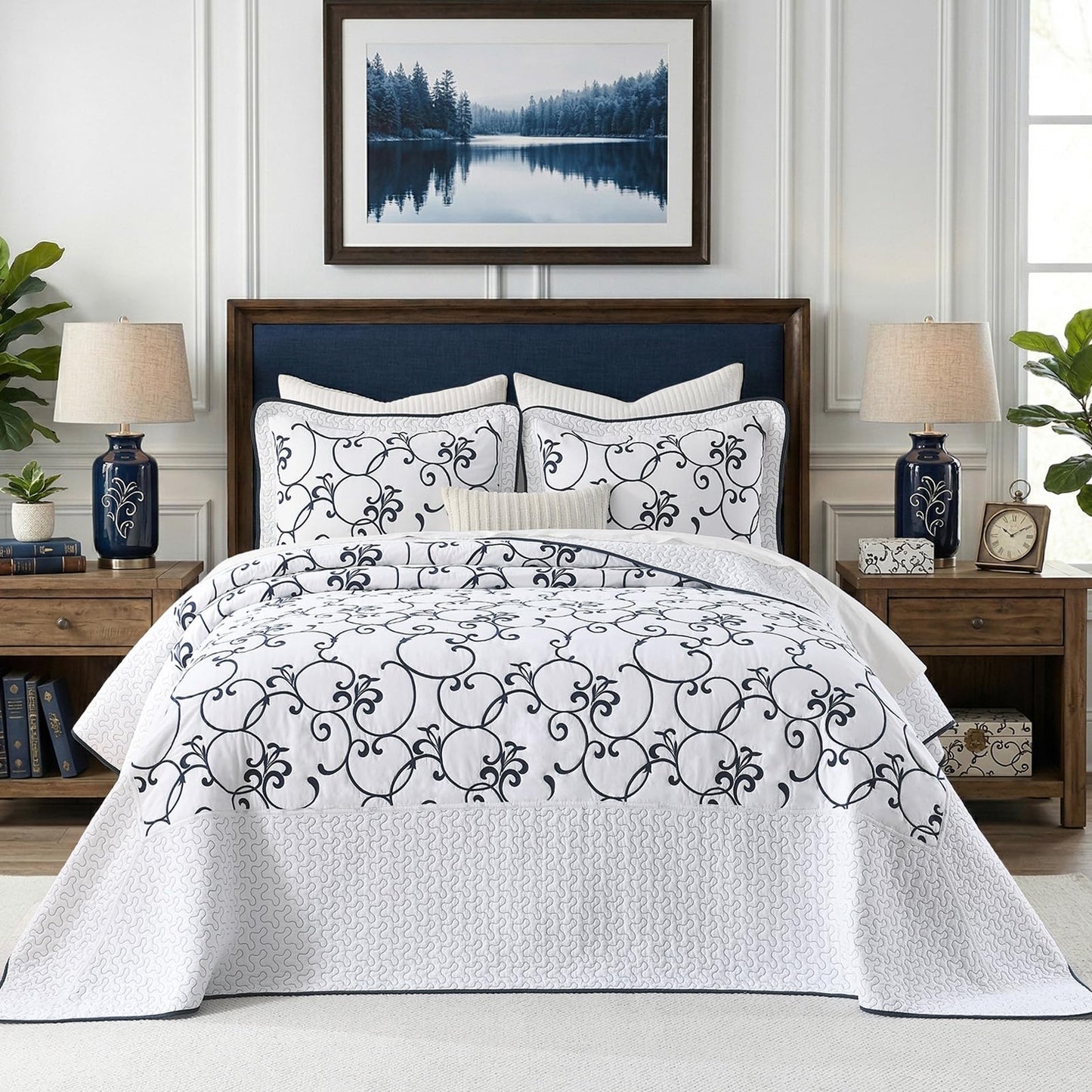FineStichery Oversized King Bedspread 128"x120" - 100% Cotton California King Quilt, Embroidered Bedspread Coverlet with Pillow Shams, Lightweight Quilted Bedding Set 3 Piece, Navy Blue/White