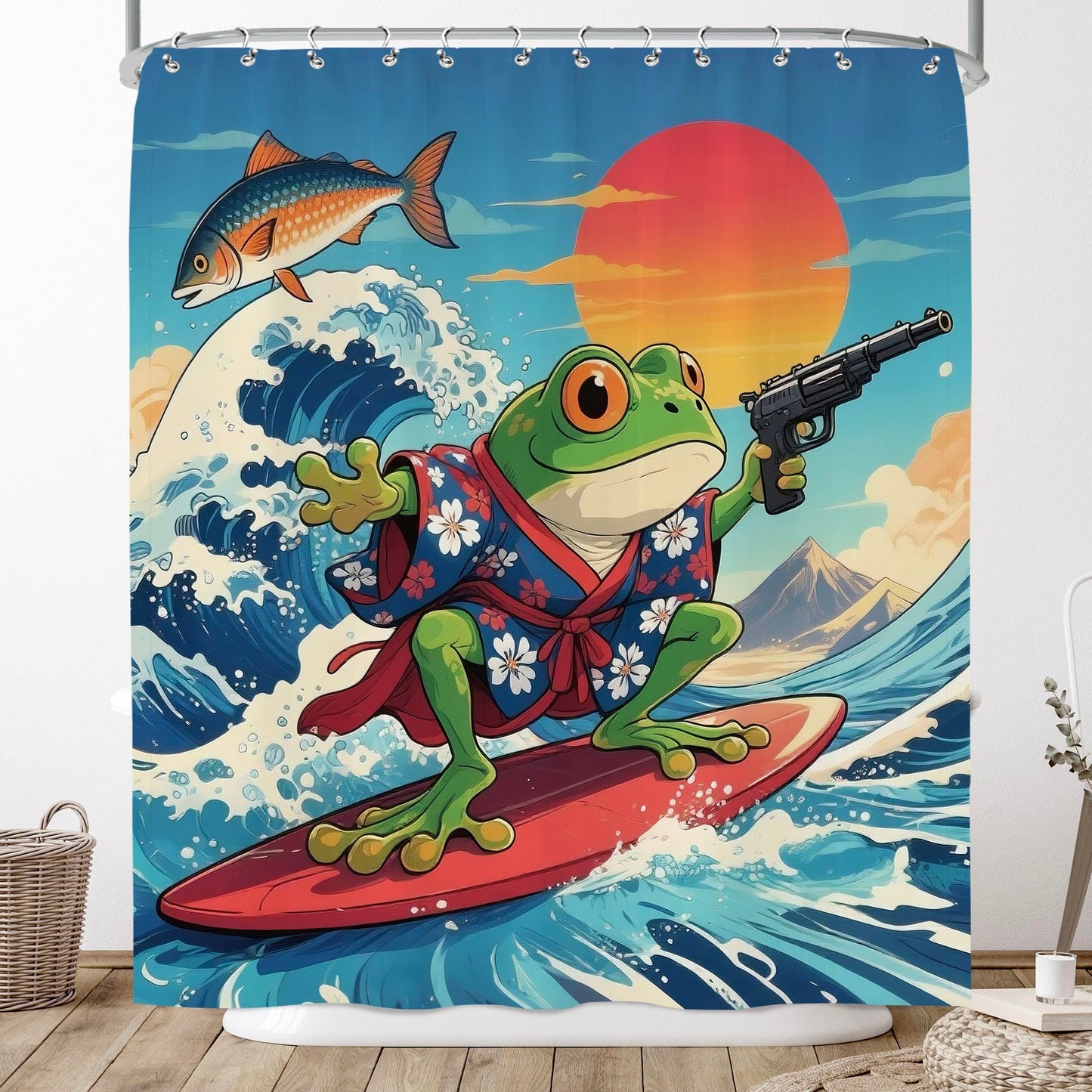 Pakena Funny Japanese Frog Surf Ocean Shower Curtain Ocean Kraken Fish Nautical Shower Curtains Set Cool Animal Blue Sea Waves Summer Beach Coastal Bath Curtain Kids Fun Bathroom Decor 60x72 Inch