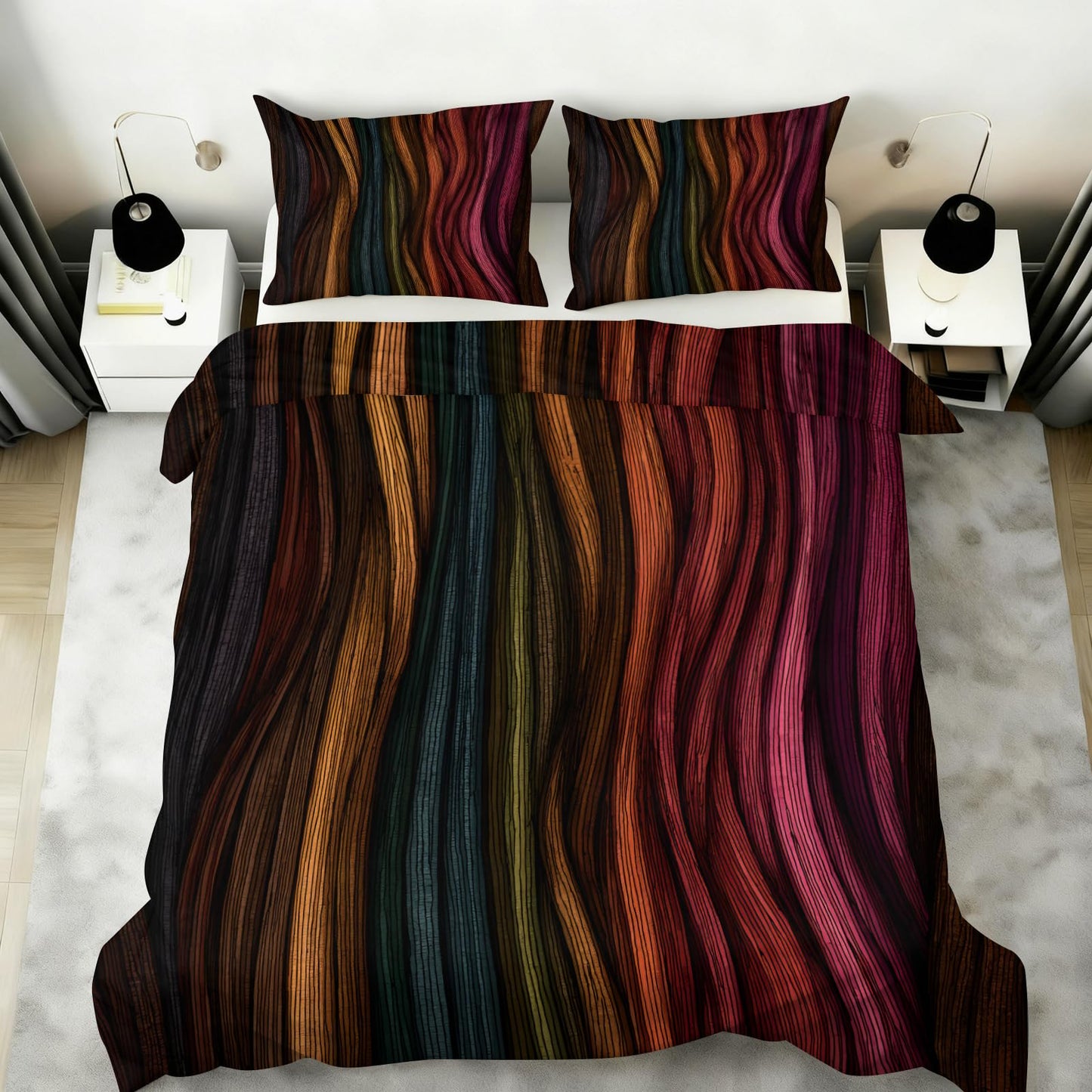 ZAOMIR Modern Abstract Wavy Stripe Dark Duvet Cover Twin Size, Boho Colorful Stripe Bedding Set 3 Piece, Ethnic Geometric Patterned Comforter Cover with Zipper Soft Microfiber, 2 Pillowcases