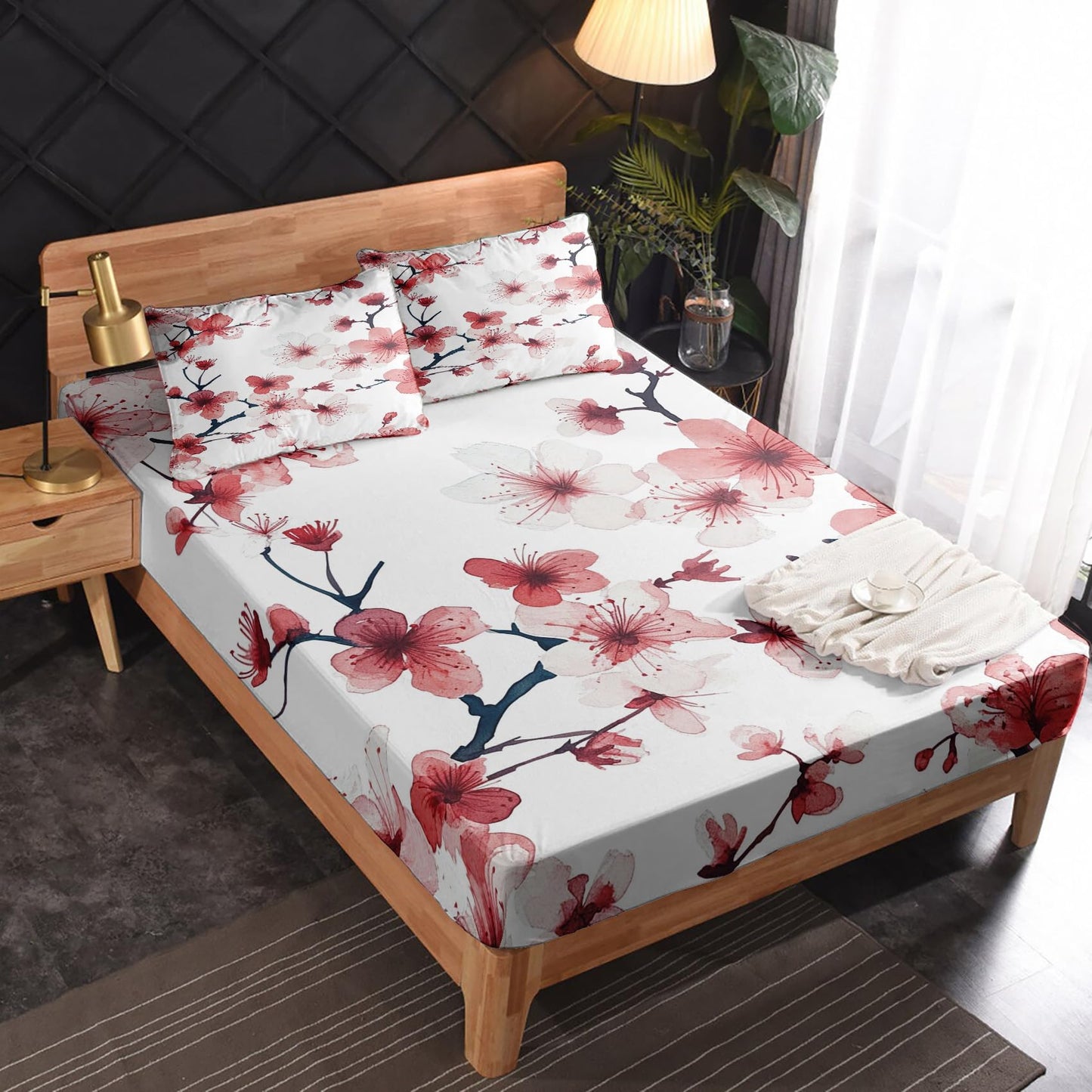 zcsm Queen Sheet Set - Cherry Blossom Bed Sheets, Japanese Bedding Sheets & Pillowcases, Soft Microfiber & Deep Pocket & Wrinkle Free Sheet Set, 1 Fitted Sheet, 1 Flat Sheet, 2 Pillow Cases