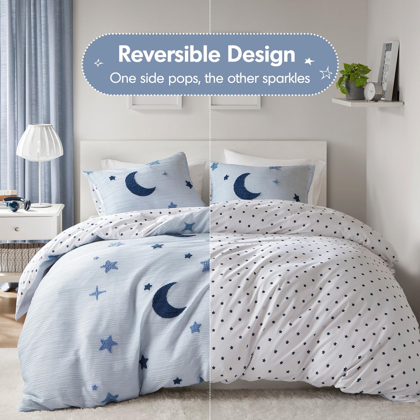 Intelligent Design Kids Cosmos Full Size Duvet Set – Blue Star and Moon Tufted Chenille, Reversible 3-Piece Bedding with Star Pillow, Full/Queen