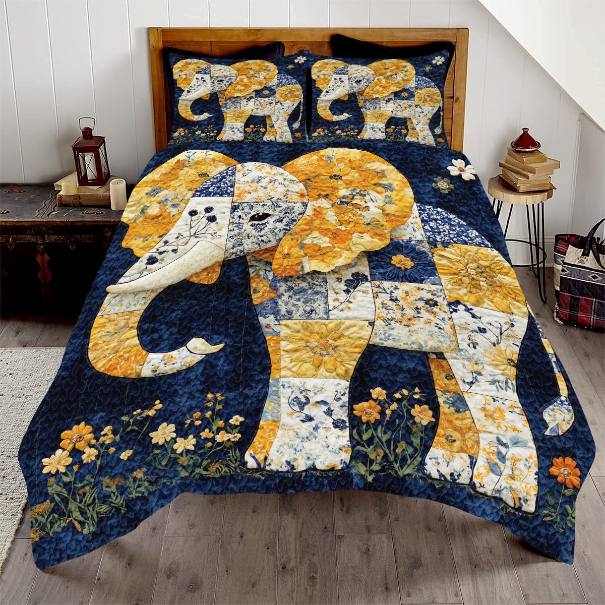 Jeminise Elephant Quilt Set, Animal Patchwork Printed Quilt Bedset, Patchwork Style Quilts Twin Full Queen Size Elephant Pattern Blanket Bedspread, Elephants Bed Set Bedding Gift