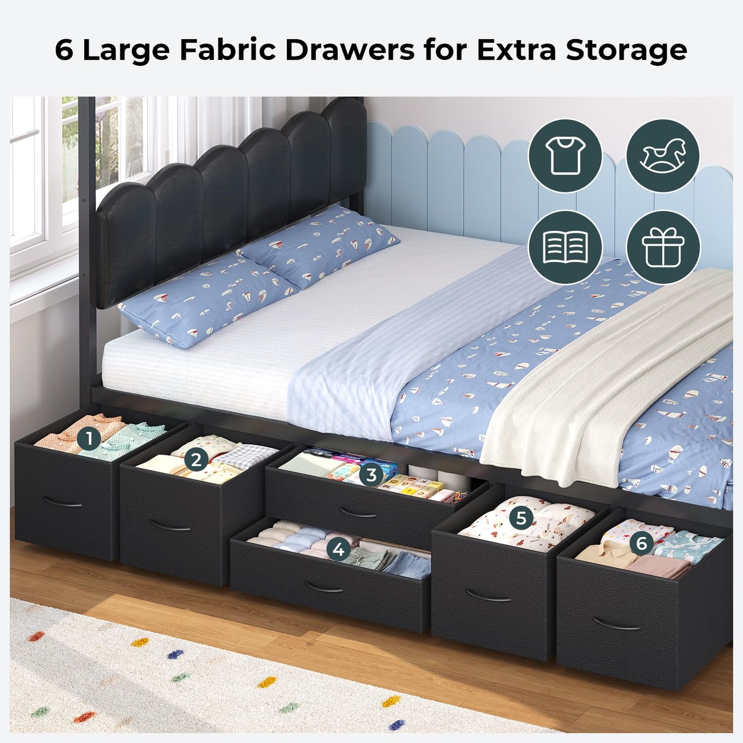 ADORNEVE House Bed with Desk,Full Kids Bed with Globe String Lights,Black