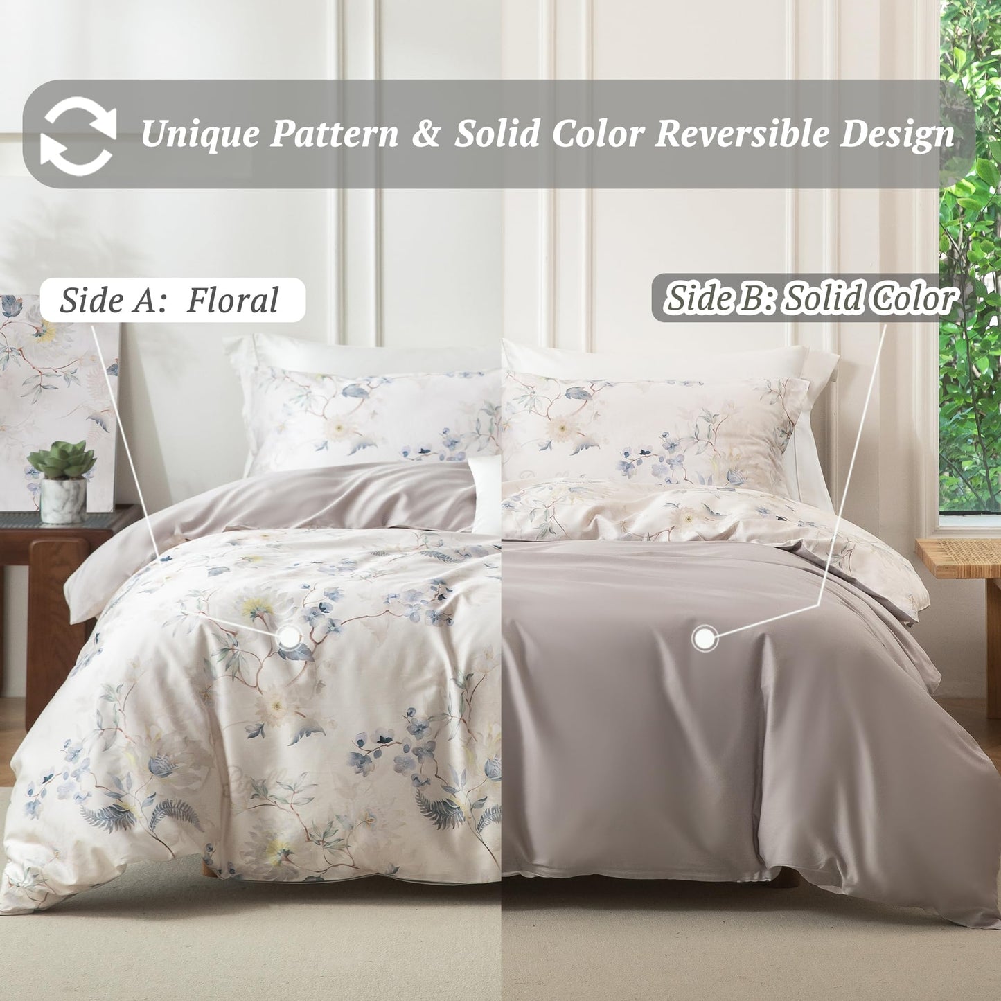 MILDLY Queen Duvet Cover Set - 100% Long-Staple Cotton Elegant Floral Patten Reversible Comforter Cover - 3Pcs Soft Breathable Luxury Bedding for All Season
