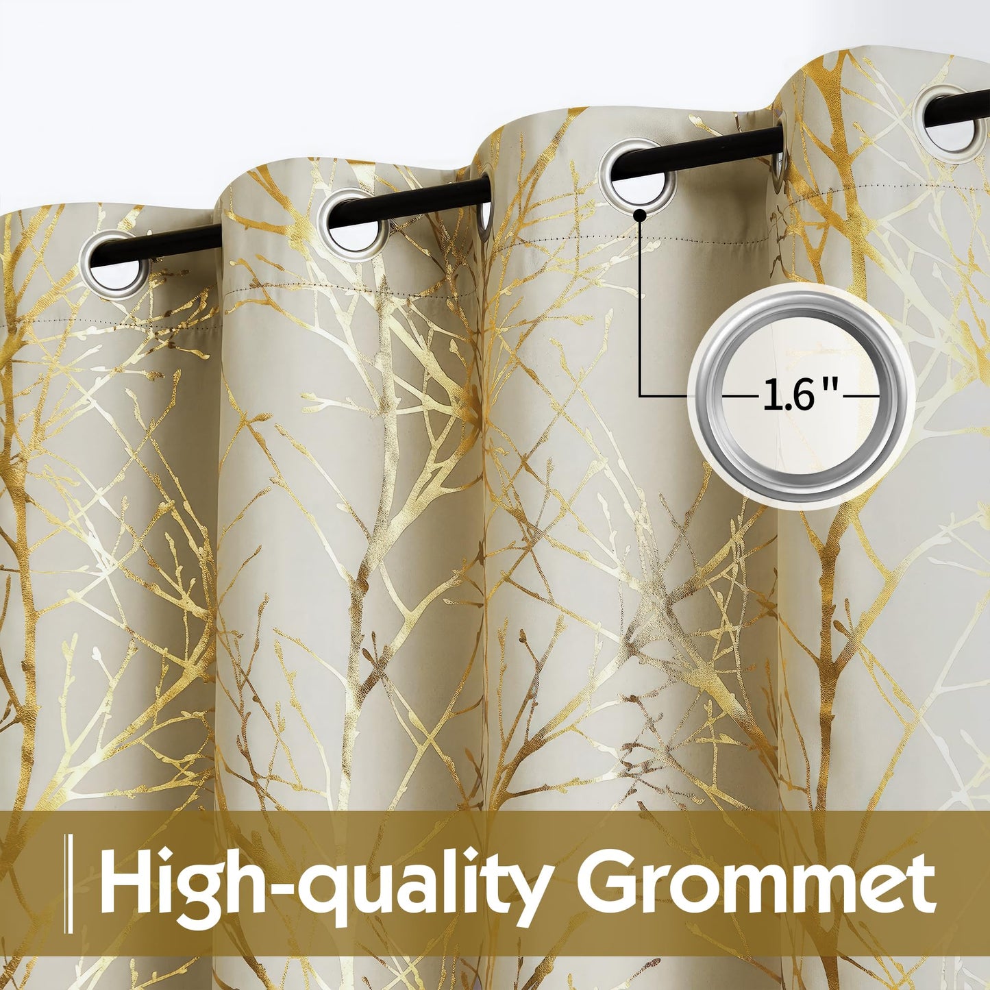 FMFUNCTEX 100% Blackout Curtains Ivory Gold Tree for Living Room, Curtains 84 Inches Long Foil Branch Patterned Panels for Bedroom, Thermal Insulated Drapes Home Office Grommet Top 2 Panels