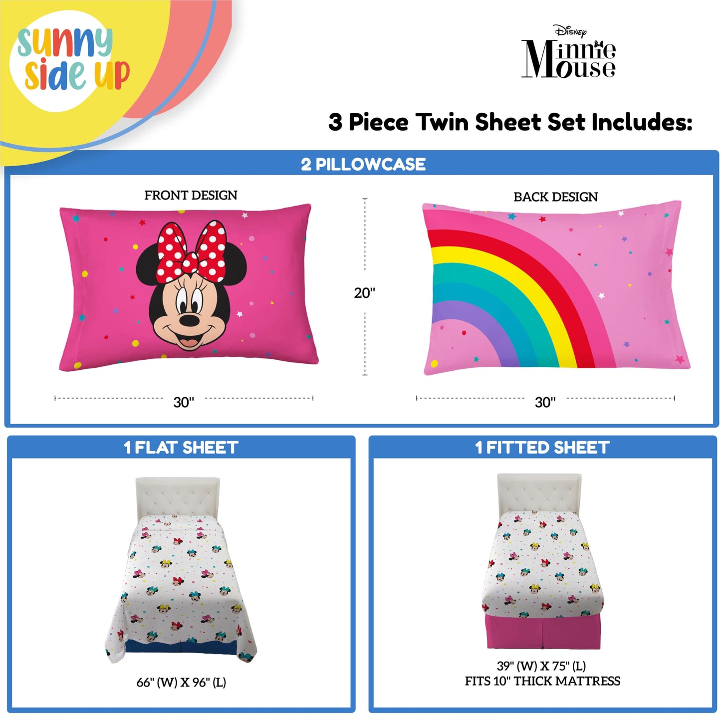 Sunny Side Up Disney Minnie Mouse Twin Sheet Set - 3 Piece Kids Bedding Set Includes Pillow Cover - Super Soft Rainbow Dots Microfiber Sheets