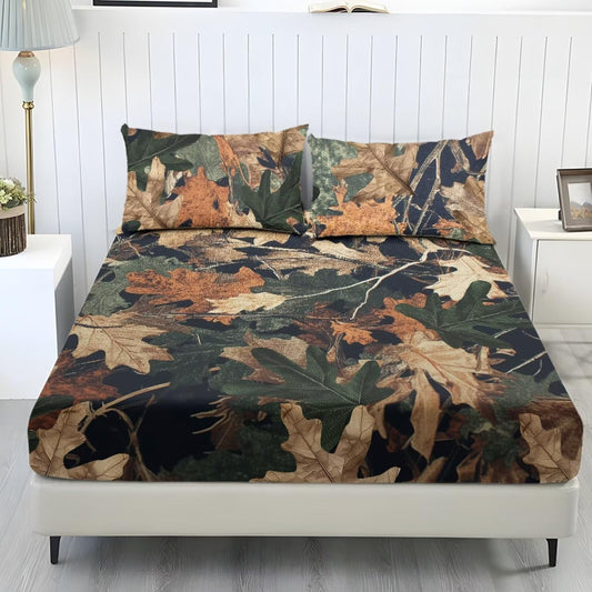 ZDCUSTOM Oak Leaf Camo Sheet Set XL Size Fitted Bed Sheet Comfy Easy Care Fade Resistant Bedsheet & Pillowcases with All Around Elastic for Home Decoration Colorful, 39" x 79"