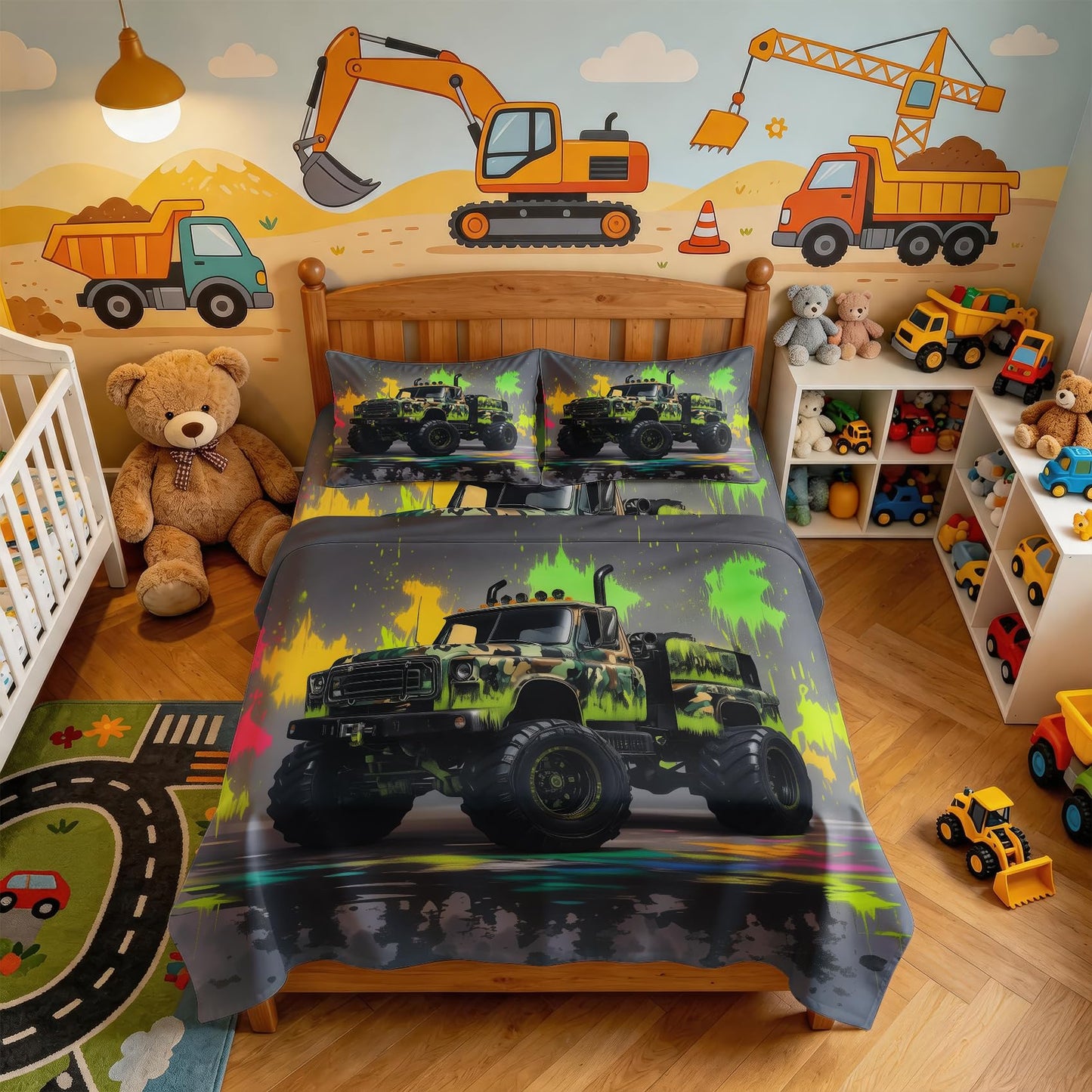 Monster Truck Queen Bedding Set Off Road Sheet Sets, Green