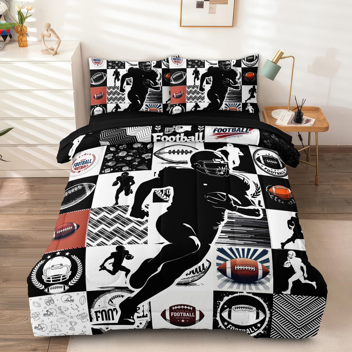HICAND 5 Pcs Football Full Bedding Set for Boys Teens, Full Size Sports Cool Football Boys Comforter Set with Sheets