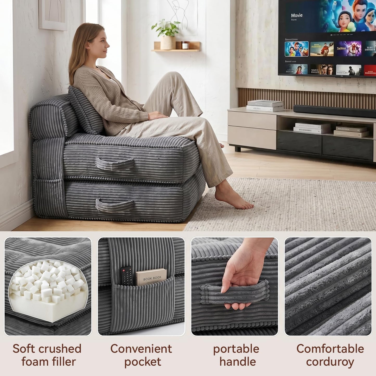 ORWIPO Folding Sofa Bed, Convertible Sleeper Chair with Pillow Foldable Mattress with Back Support, Portable Fold Out Chair Bed Comfy Floor Couch Lounge for Living Room Bedroom Apartment Single