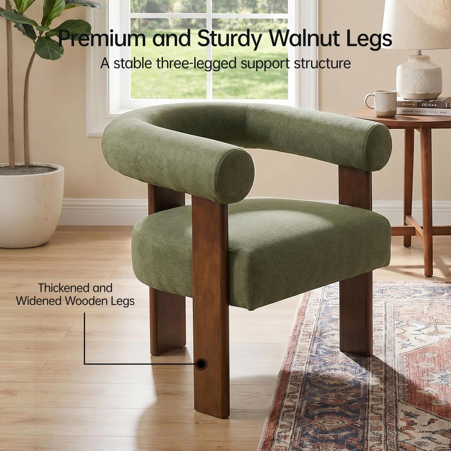 Usaint Upholstered Accent Chair, Mid-Century Modern Arm Chair Living Room Chairs with Walnut Wood Legs, Comfy Barrel Accent Chairs for Living Room, Bedroom, Vanity, Reading Room, Green