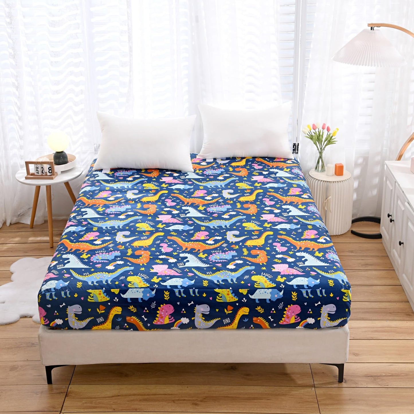 NATURETY Bedding Fitted Sheet with Deep Pocket for Boys Girls Twin Bed,Dino Printed Thicken Fabric Bed Sheets (Navy Blue(Dinosaur), Twin)