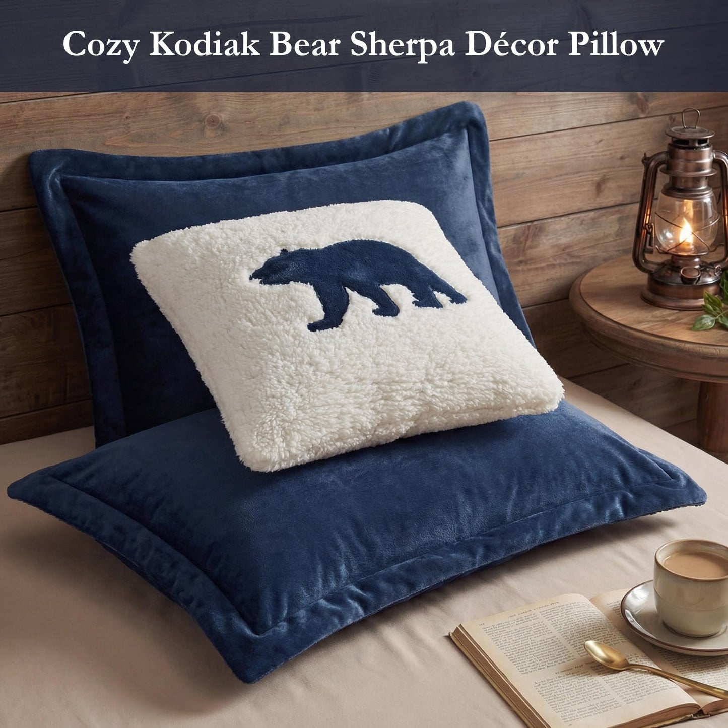 Woolrich Reversible Comforter Set Ultra Soft Plush to Sherpa, Down Alternative, Cold Weather Winter Warm Bedding, with Matching Sham, Decorative Pillow Navy/Ivory Full/Queen 4 Piece