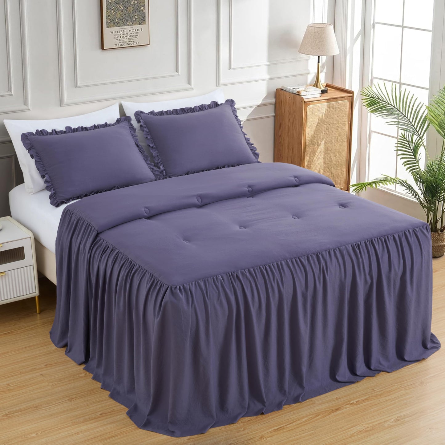 Chezmoi Collection Sinclair 3-Piece Ruffle Skirt Bedspread Set - Soft Lightweight Crinkle Texture Microfiber Bedding - French Country Chic Farmhouse - Queen, Dusty Purple