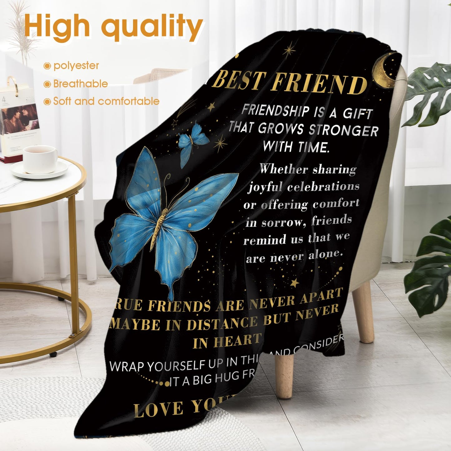 Hohoto Best Friend Friendship Gifts Blanket for Women Men Mom Birthday Christmas Halloween Easter Gift Female Friends Kids Girls Boys Blue Butterfly Inspirational Words Throw Blanket 50"x60"