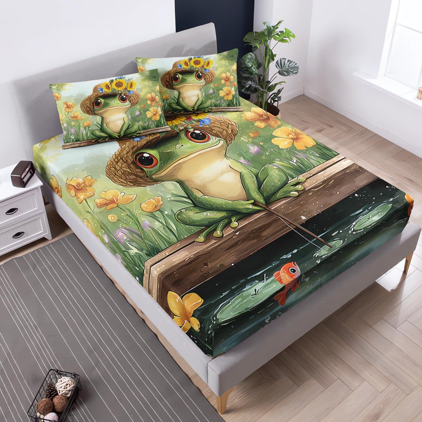 UEVBF Frog Bedding Set Full Size,Pond Grass Flowers Pattern Fitted Sheet for Kids Girls Boys Bedroom Decor,Green Nature Insect Themed Bedding Sets,1 Fitted Sheet+2 Pillowcases.