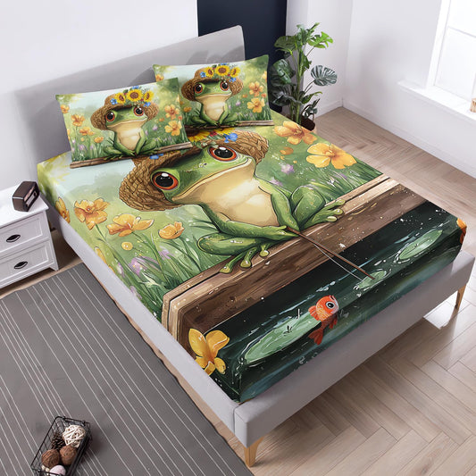 UEVBF Frog Bedding Set Full Size,Pond Grass Flowers Pattern Fitted Sheet for Kids Girls Boys Bedroom Decor,Green Nature Insect Themed Bedding Sets,1 Fitted Sheet+2 Pillowcases.