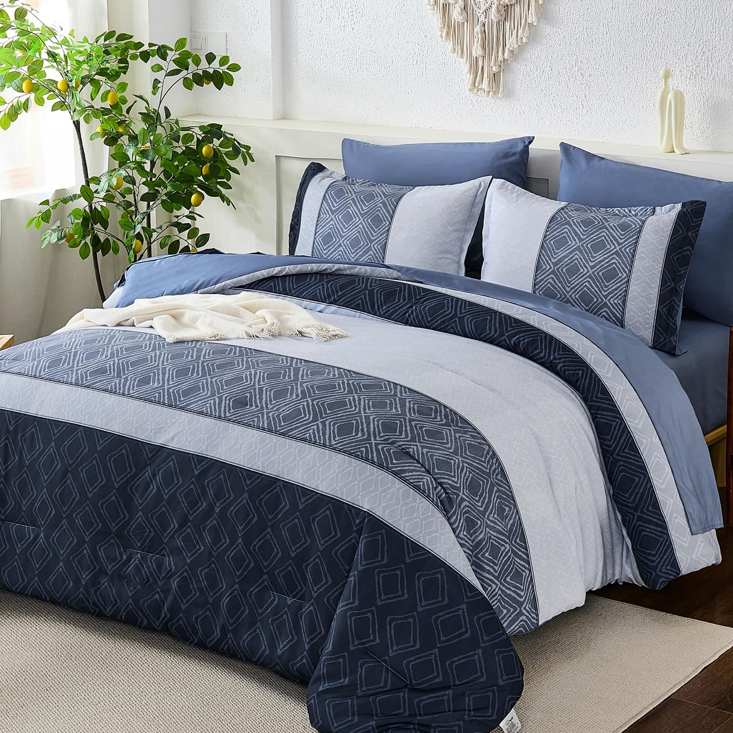 Dinjoy Boho Queen Comforter Set Mineral Blue,7 Piece Bed in a Bag Queen Size Lightweight Striped Bedding Sets with Plaid Comforters with Sheets for Family All Season