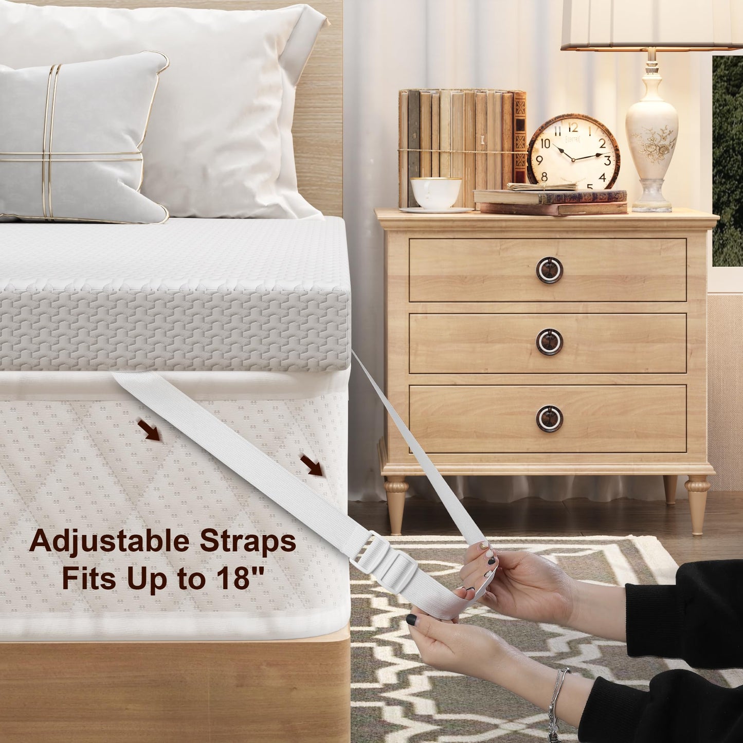 Slumbrae Bamboo Viscose Mattress Topper Cover, Breathable & Cooling Protector with Full Zipper Encasement, Non-Slip Bottom & Adjustable Straps, NOT Waterproof Cover ONLY, Fits 3 inch Twin Toppers
