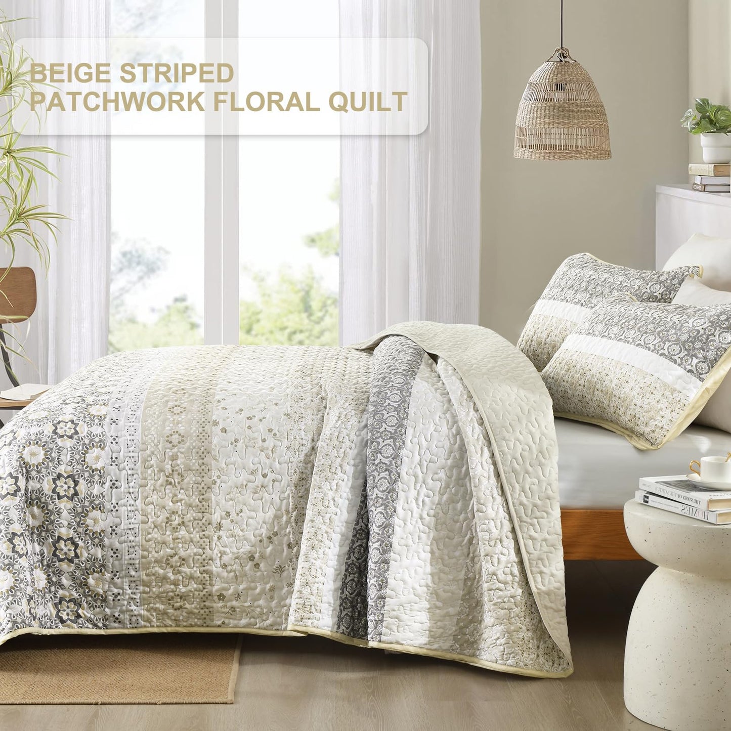 WONGS BEDDING Boho Quilt Set Queen Size,Beige Bohemian Striped Patchwork Bedspread Set,3 Pieces Microfiber Bedding Set for All Seasons (96"x90")