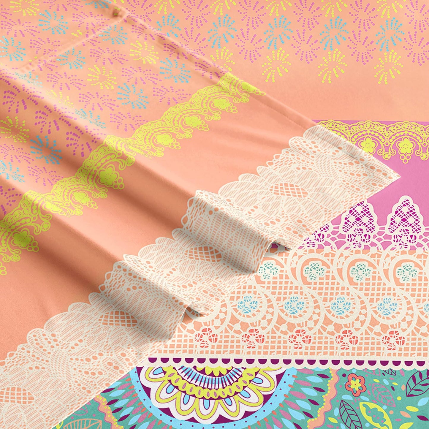 Wake In Cloud - Boho Bed Sheets, 4-Piece Sheet Set, Bohemian Chic Medallion Colorful Hippie Aesthetic Bedding, Deep Pocket, Orange Green, Queen Size