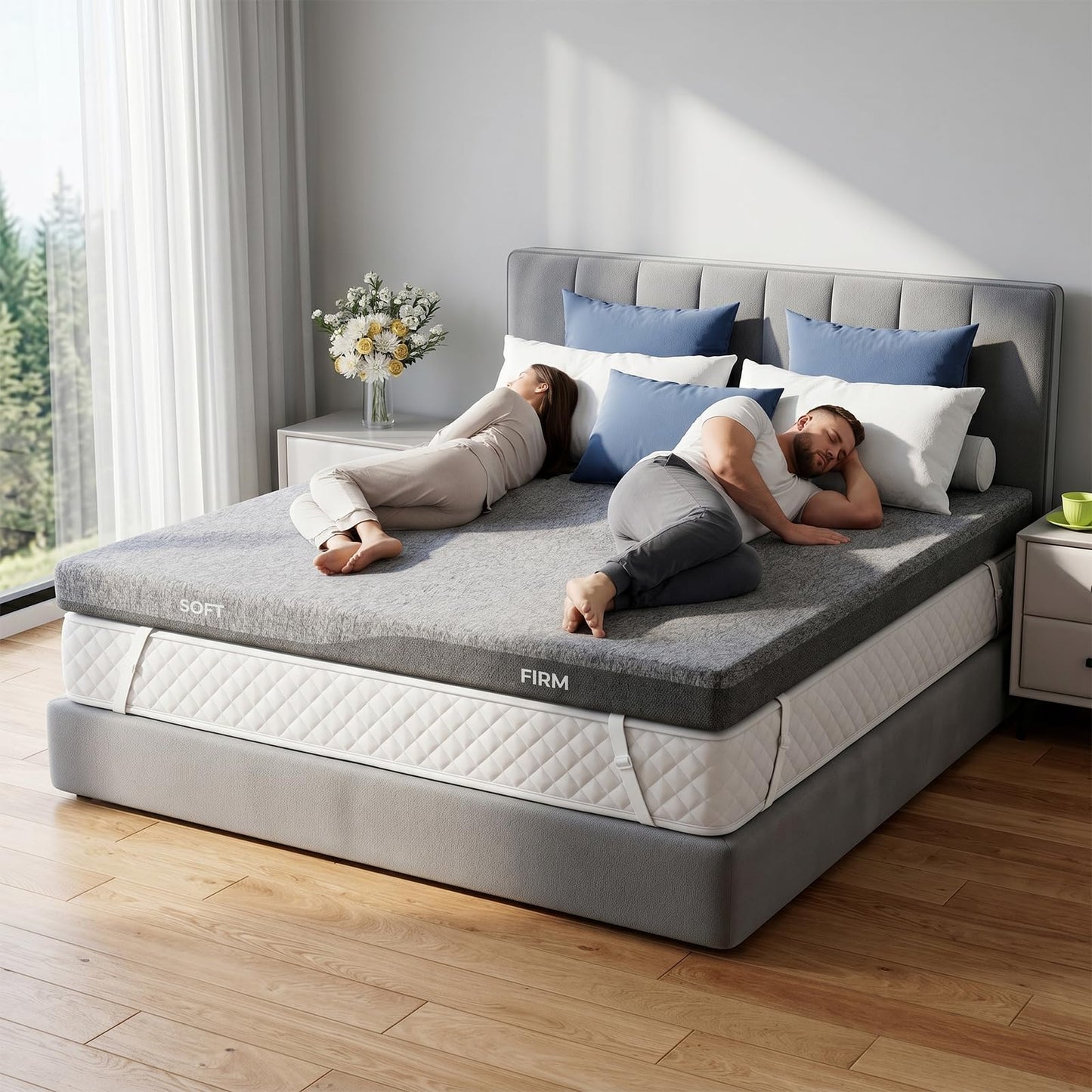 PERLECARE Dual Firmness Mattress Topper King Size, 3 Inch Split King Mattress Topper- Dual Zone Soft and Firm for Pressure Relief & Back Pain, Non-Slip & Removable, CertiPUR-US Certified