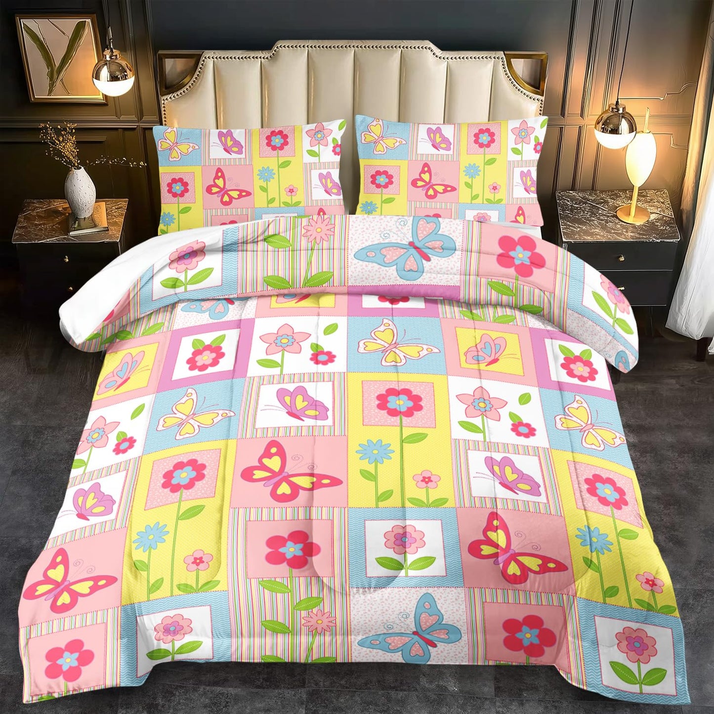 llyxsesty Pink Butterfly Kids Comforter Set King Girls Floral Bedding Set Girls Pink Grid Comforter Kids Quilt Bedroom Decor White Purple Blue Pink Butterfly Bedding Bed Decor