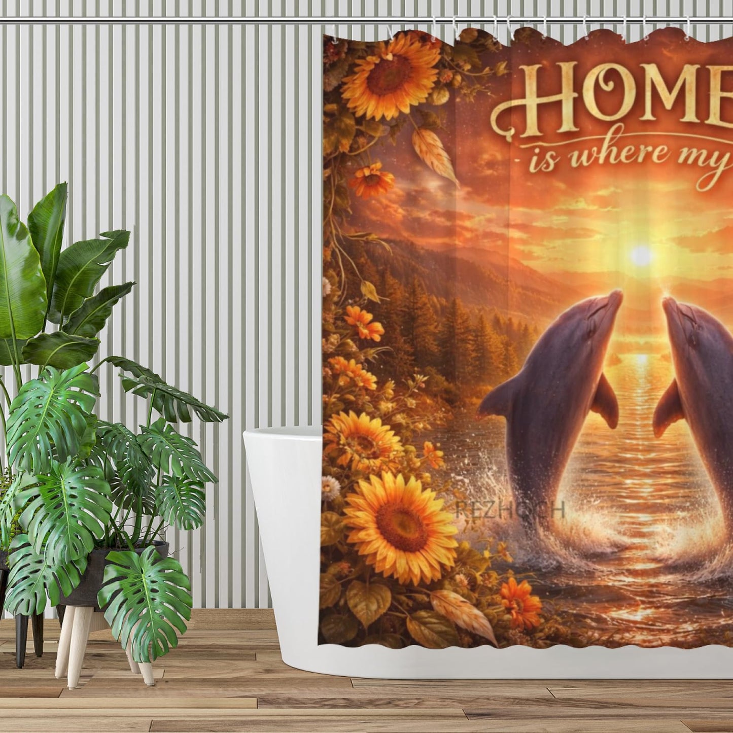 REZHOCH Funny Dolphin Shower Curtain 72x72 Inch Rustic Farmhouse Home Bathroom Decor,Cozy Warm Golden Sunset Sunflower Cute Animals Nature Mountain Forest Bath Set with Hooks