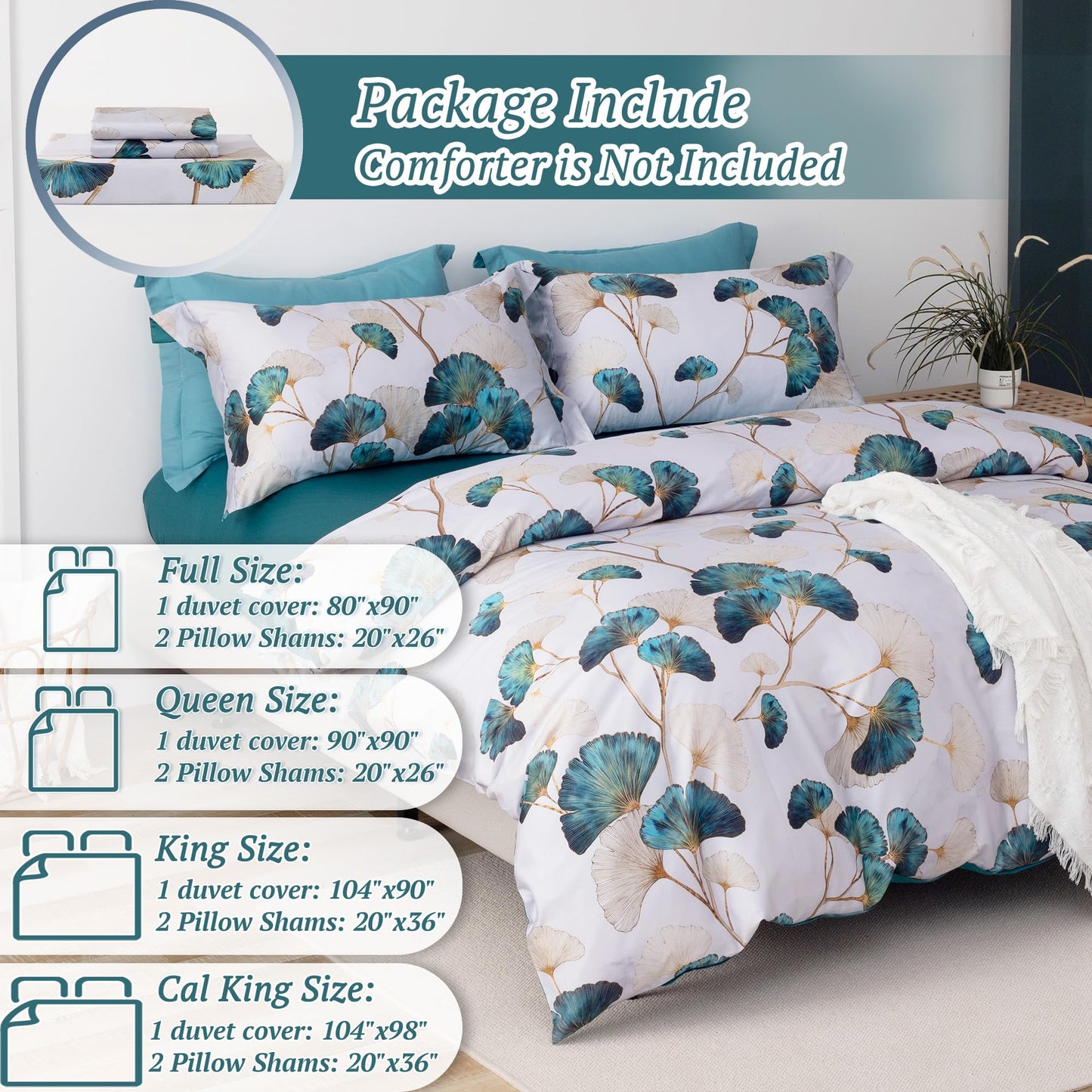 MILDLY 100% Long-Staple Cotton Duvet Cover Set Teal Green Gingko Leaf Pattern Printed Comforter Cover 3pcs, Ultra Soft & Breathable Bedding Set