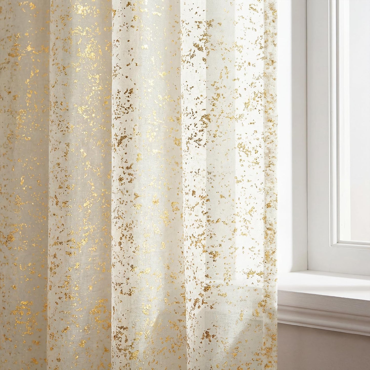 Horaldaily Beige Sheer Curtains for Living Room and Bedroom,Gold Sequin Glitter Metallic Foil, Scenery Light Filtering Window Curtains, 52" W x 84" L, Set of 2 Curtain Panels