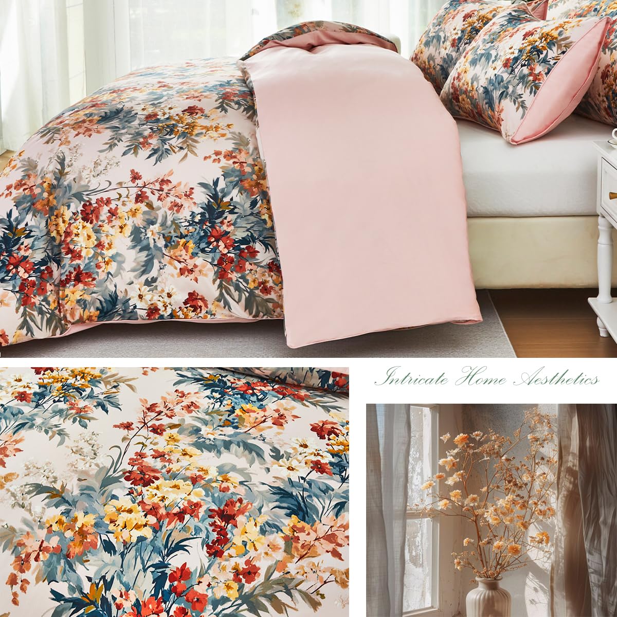 URBONUR Floral Duvet Cover Set Twin Size 3 Pieces 100% Cotton Silky Sateen Wildflowers Comforter Cover with 2 Pillowcases Soft & Breathable Bedding Sets