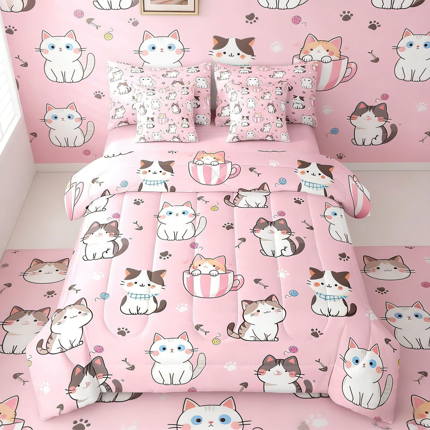 Feelyou Toddler Cat Full Comforter Set with Sheets for Kids Boys Girls Cats Print Bed in a Bag Kawaii Cartoon 7 Pieces Bedding Set Room Decor Cute Kitten Bed Set Pink Animal Themed