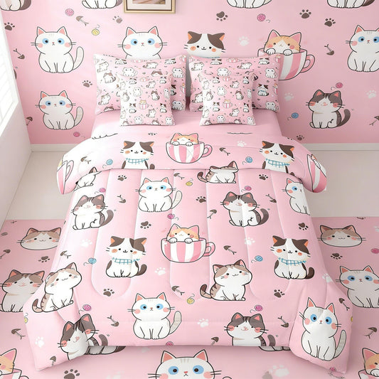 Feelyou Toddler Cat Full Comforter Set with Sheets for Kids Boys Girls Cats Print Bed in a Bag Kawaii Cartoon 7 Pieces Bedding Set Room Decor Cute Kitten Bed Set Pink Animal Themed