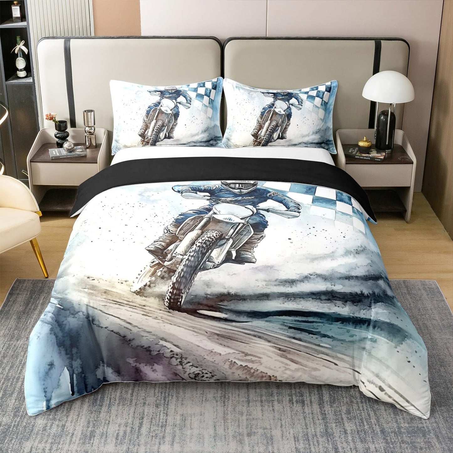 Feelyou Dirt Bike 100% Cotton Duvet Cover Kids Boys Girls Queen Size Motorcycle Racer Bedding Set Teen Ultra Soft Extreme Sports Comforter Cover Racing Motocross Rider Bedspread Cover (No Comforter)