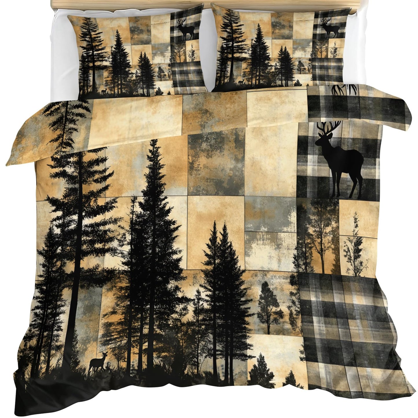 GKPLY Plaid Deer Forest Duvet Cover Queen - Rustic Wood Bedding Set & Bedroom Decor - Cabin Wildlife Comforter Set - Zipper & Ties, Reversible Print - Patchwork Bedding Duvet Cover & 2 Pillow Cases