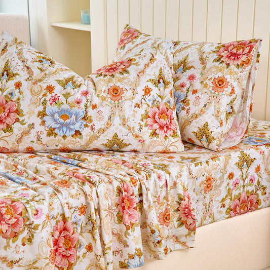 Zusbest Floral Sheets Queen Size 100% Cotton Satin Weave Orange Boho Bed Sheet Set, Smooth Cooling for Hot Sleepers, Luxury Shabby Vintage Peony Pattern Salmon Bed Set Deep Pocket 17.5‘’, 4Pcs