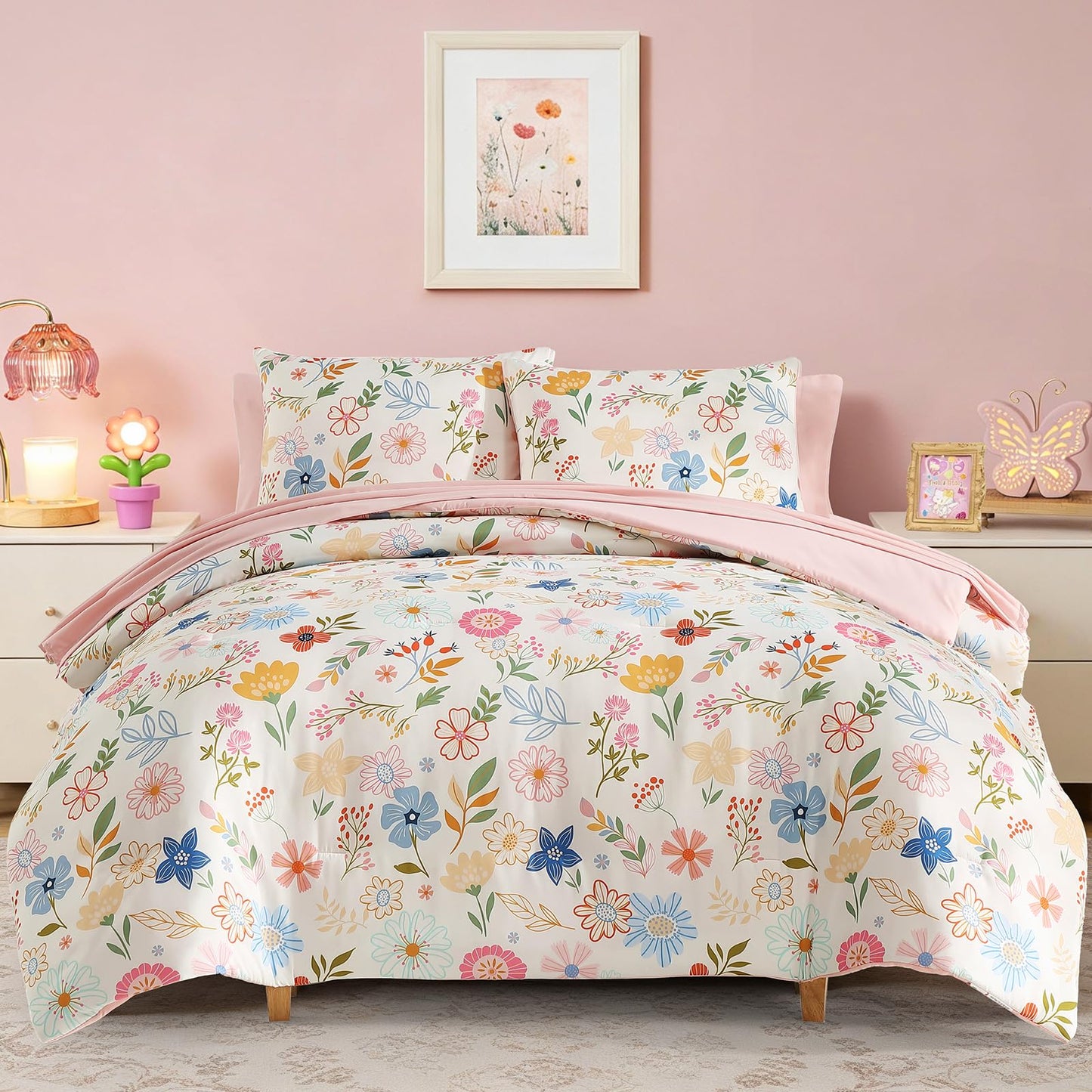 Kaleido Space Twin Comforter Set for Girls Kids - 5 Pieces Pastel Garden Patterns Twin Bedding Sets for Girls Teen, Soft Cozy Bed in A Bag with Sheets