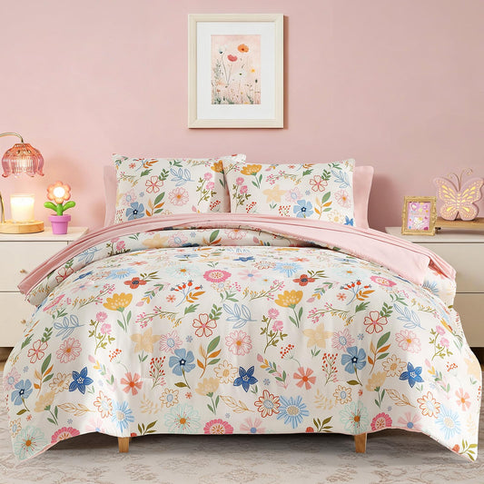 Kaleido Space Twin Comforter Set for Girls Kids - 5 Pieces Pastel Garden Patterns Twin Bedding Sets for Girls Teen, Soft Cozy Bed in A Bag with Sheets