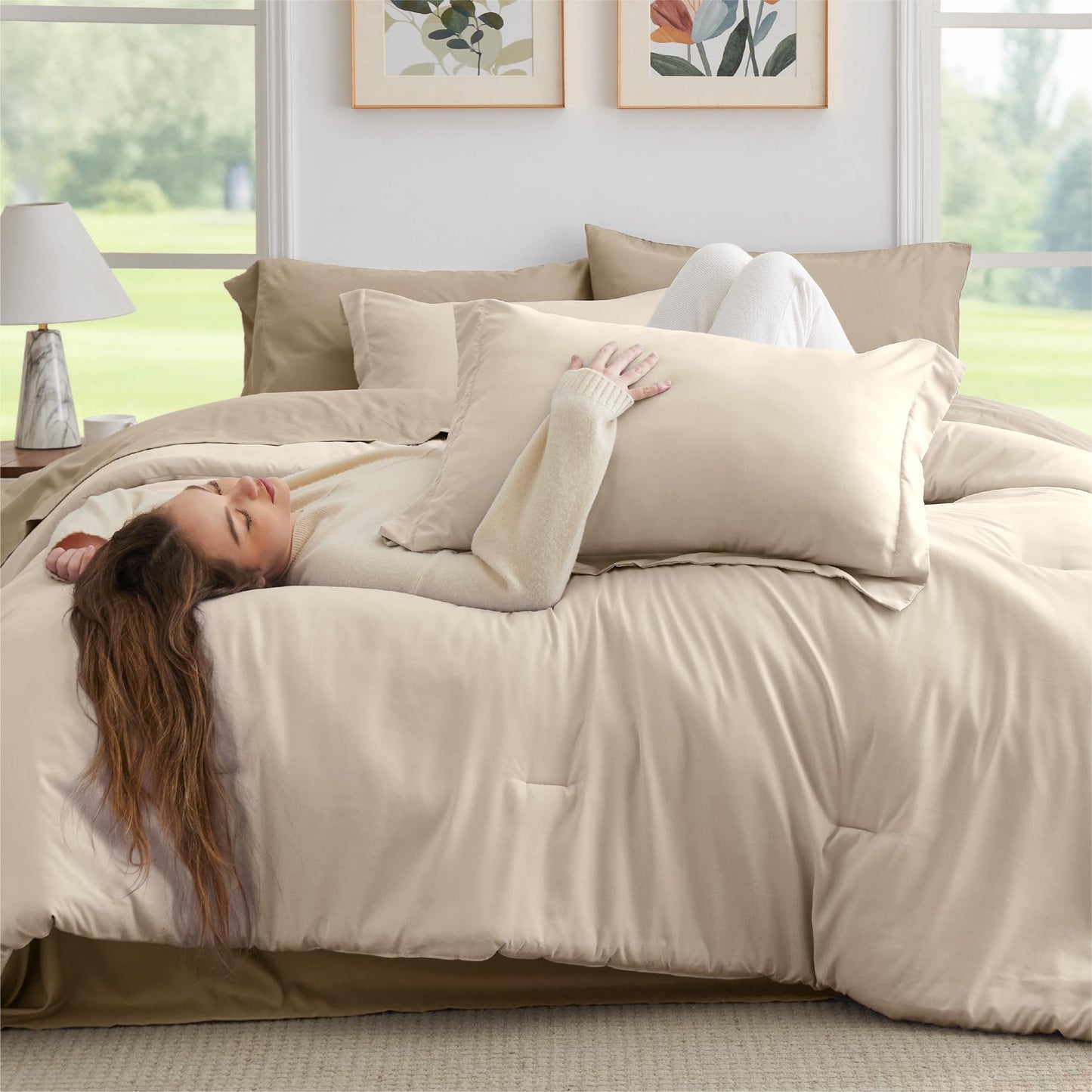 Bedsure King Size Comforter Set - 7 Pieces Light Beige King Bedding Set for All Seasons, Boho Contrasting Design Bed in a Bag with Comforter, Sheets, Pillowcases & Shams