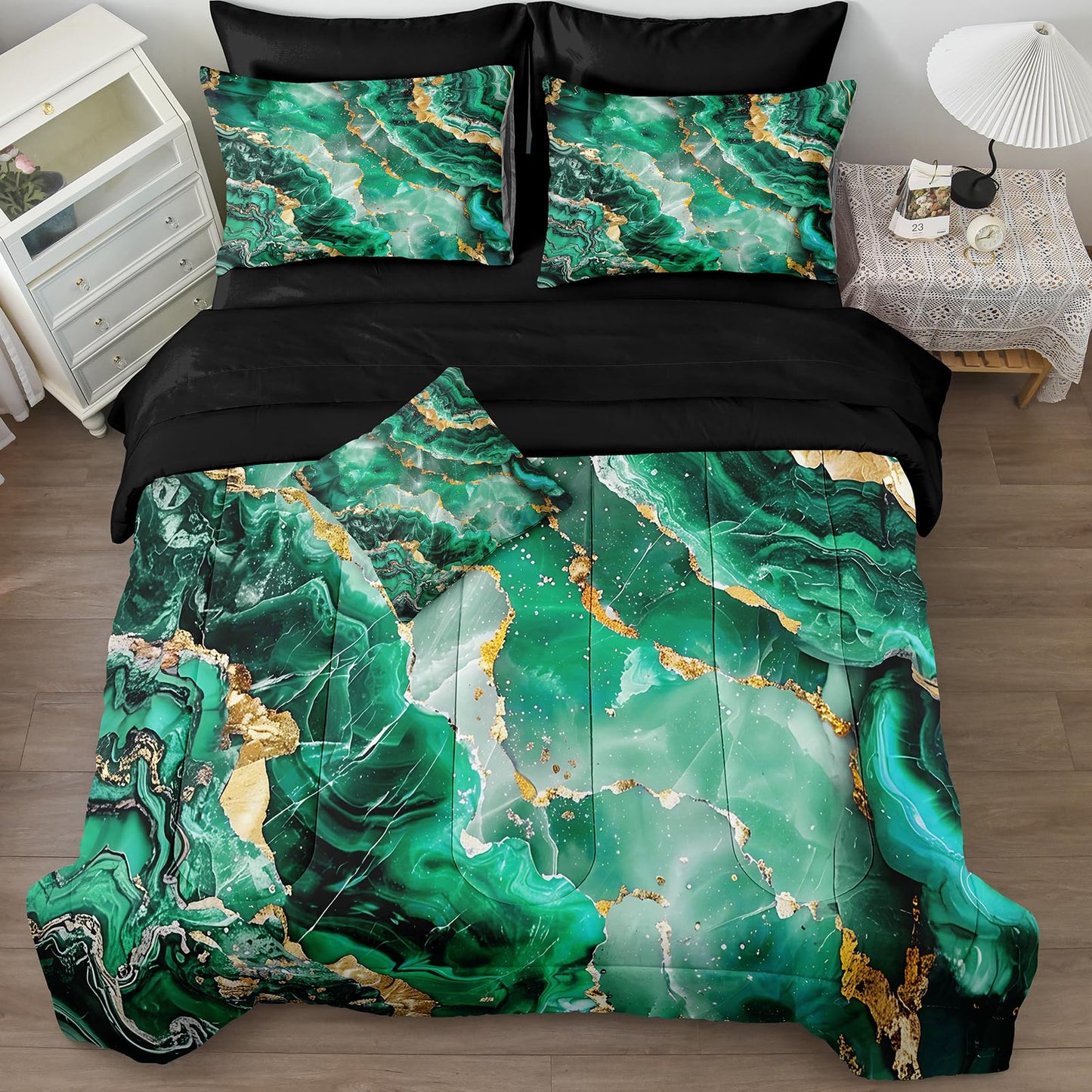 Bedbay Black Gold Comforter Set King Size Green Gold Marble Comforter 8 Pcs Emerald Green King Bed in a Bag Marble Bedding Set 1 Comforter 4 Pillowcases 1 Flat Sheet 1 Fitted Sheet 1 Cushion Cover