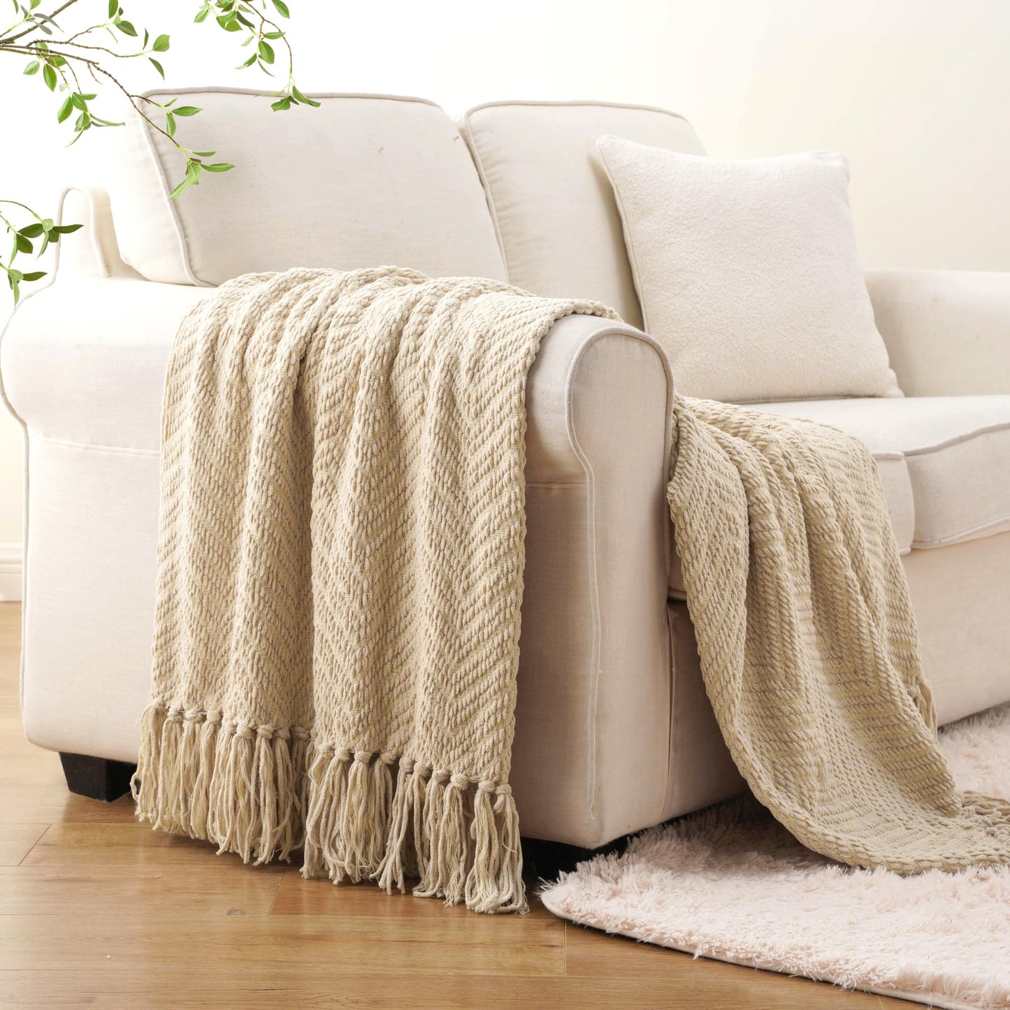 BATTILO HOME Beige Throw Blanket for Couch, Knitted Beige Throw for Bed, Neutral Throw Blankets Tan Throw Blanket for Room Decor Housewarming Gifts, 50" x 60"