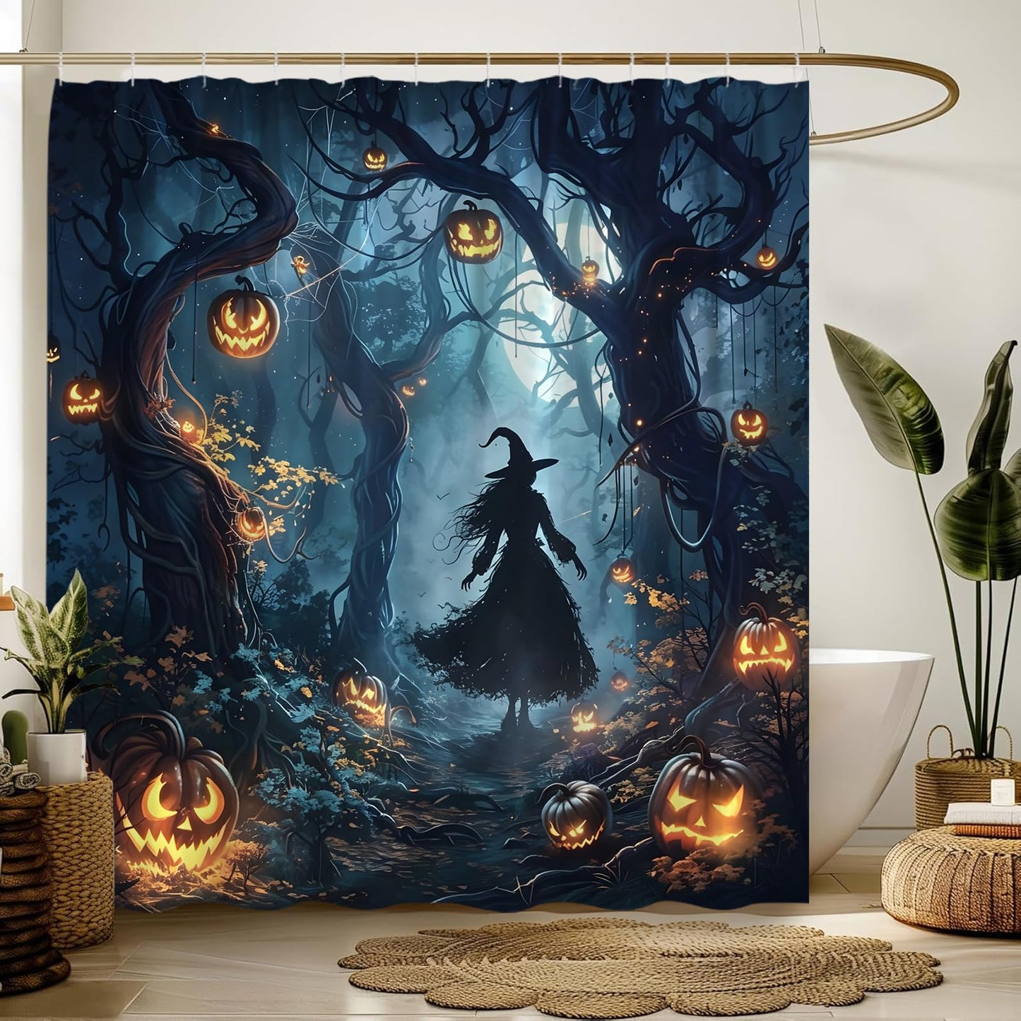 DSMEUE Halloween Witch Shower Curtain,Spooky Haunted Forest with Pumpkin Decor for Bathroom,Dark Gothic Blue Orange Fabric Curtain with Hooks,70x70 Inch