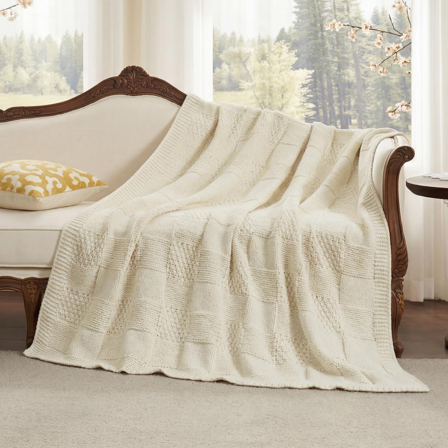 Amélie Home Knit Throw Blanket, Soft Chenille Cozy Breathable Checkered Chunky Decorative Blanket for Couch, Bed & Sofa, French-Inspired Lightweight Warm Gift for Women, Ivory, 50"x60"