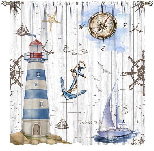 TFOSO Nautical Curtains,Vintage Nautical Sailboat Compass Anchor Ocean Starfish Home Decor Drape for Kitchen Bedroom Living Room Window Treatment 2 Panels Set Total Size 42" W X 45" L Inch
