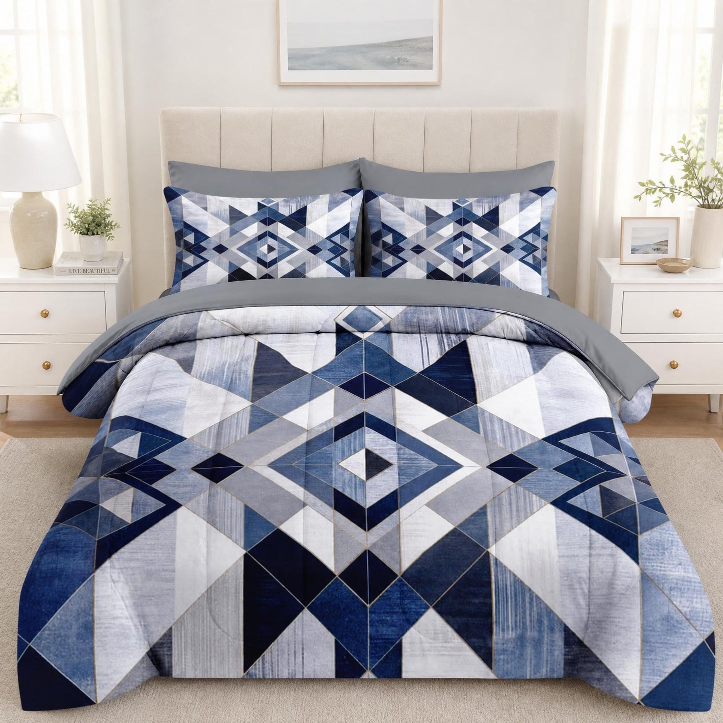 Boewywh Comforter Set Twin Size Geometric Abstract Modern 7 Pcs, Bedding for Kids and Adults, Blue Navy Bed Sheet Sets with Fitted Sheet 2 Pillowcases & 2 Shams for Bedroom Bed Decor